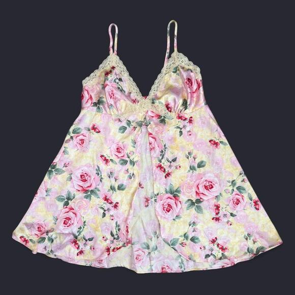 Secret Treasures Pink & Yellow Floral Satin Ivory Lace Sequin Open Front Slip M - Picture 5 of 8